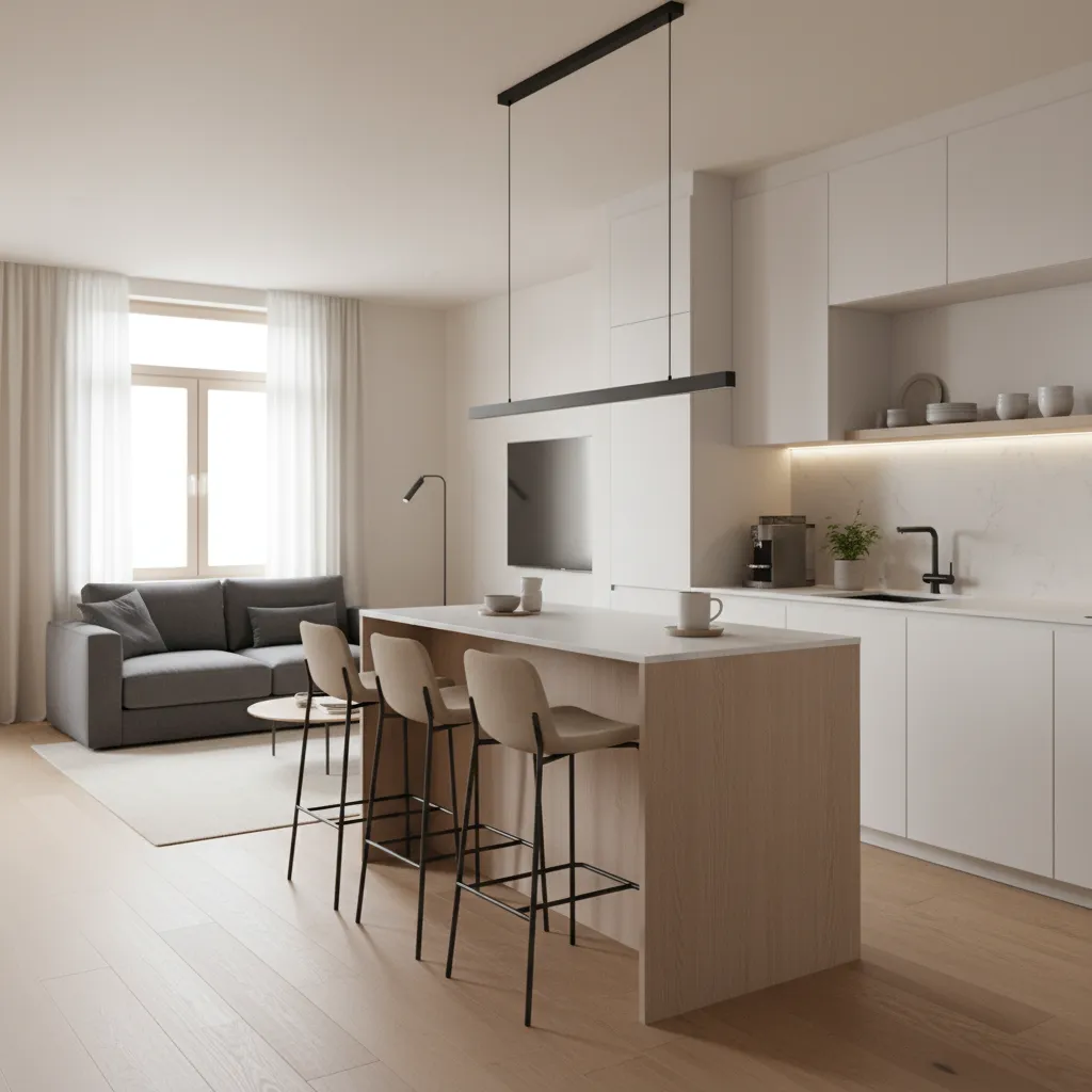 Compact kitchen island separating small open kitchen and living room