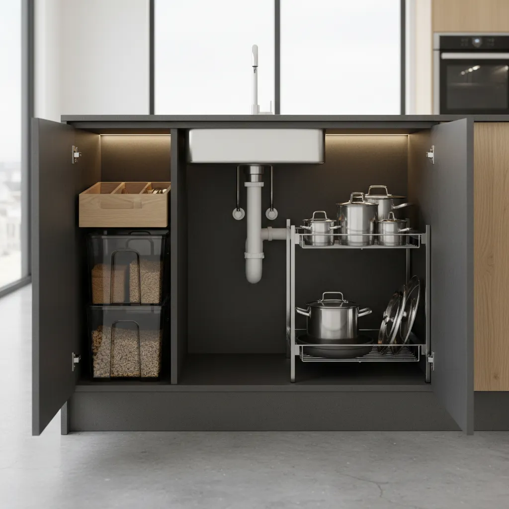 Compact kitchen island cabinet interior showing sink plumbing and trap placement