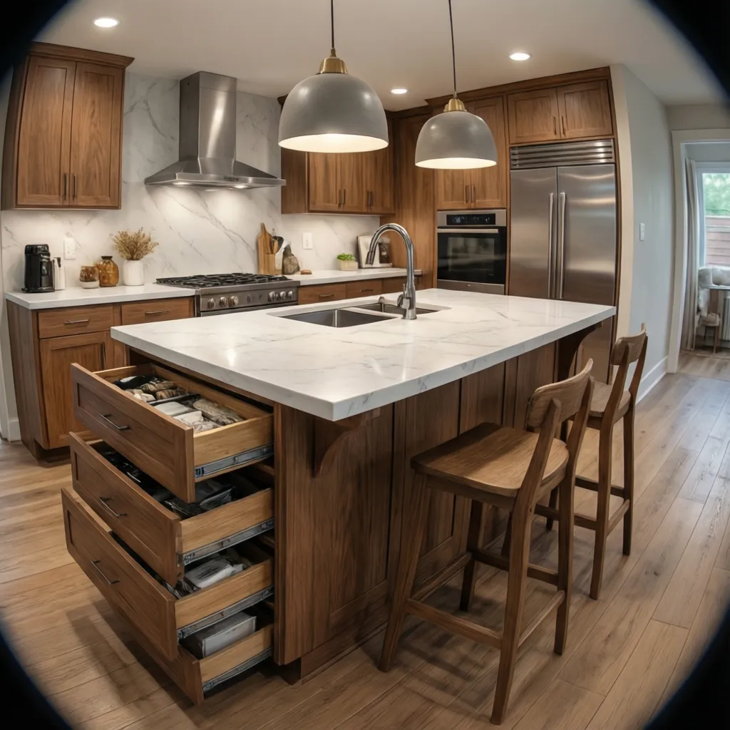 Compact kitchen island with drawers and seating in small kitchen