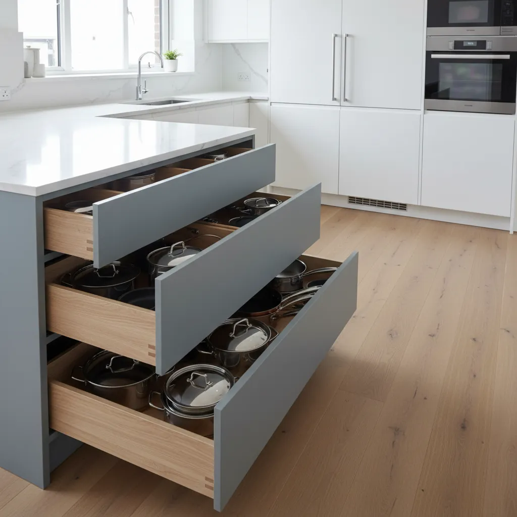 compact kitchen island with deep storage drawers in small kitchen