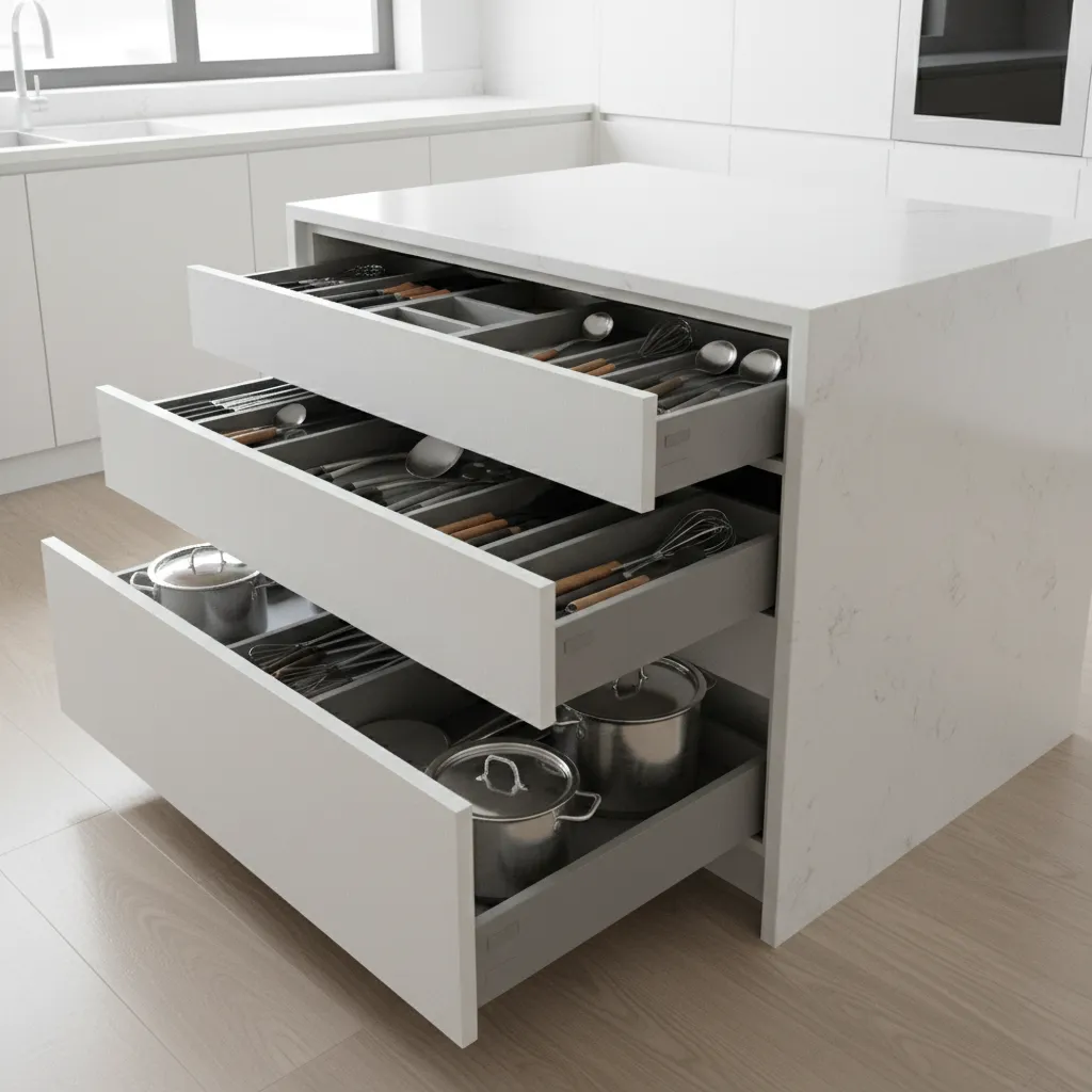 small kitchen island with deep storage drawers