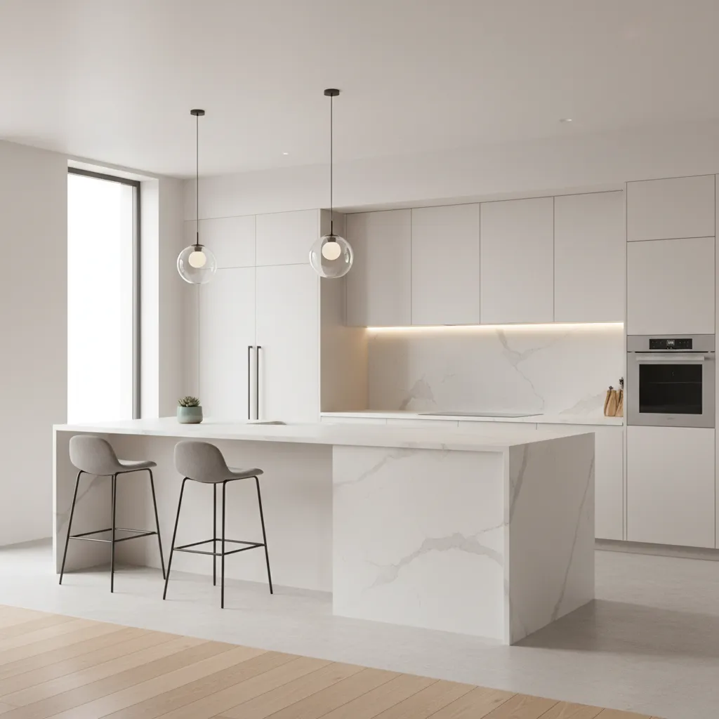 Small kitchen island with waterfall countertop making space feel larger