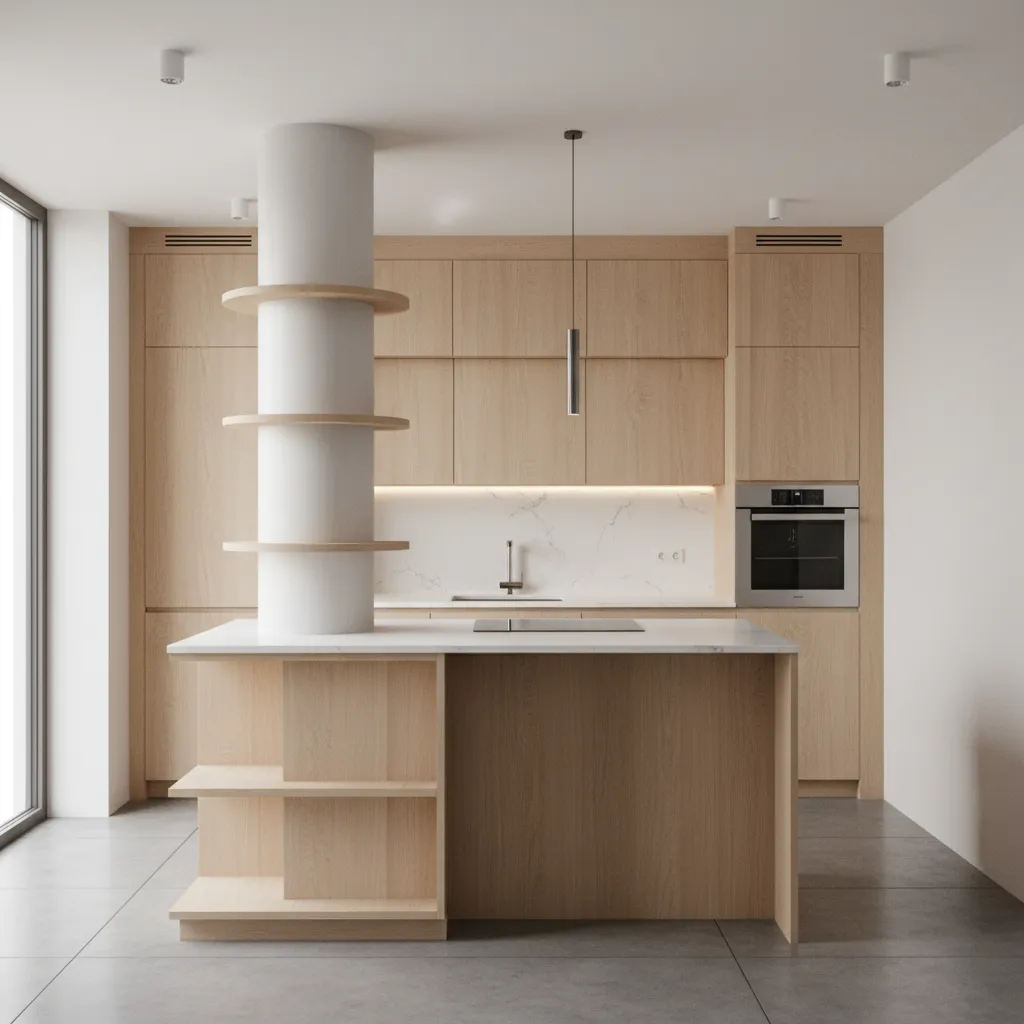 Optimizing Small Kitchens with Island Columns for Maximum Storage and Flow
