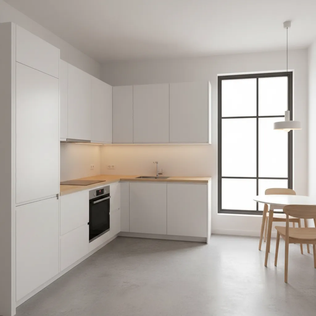 Cocina pequeña con distribución en L estilo minimalista