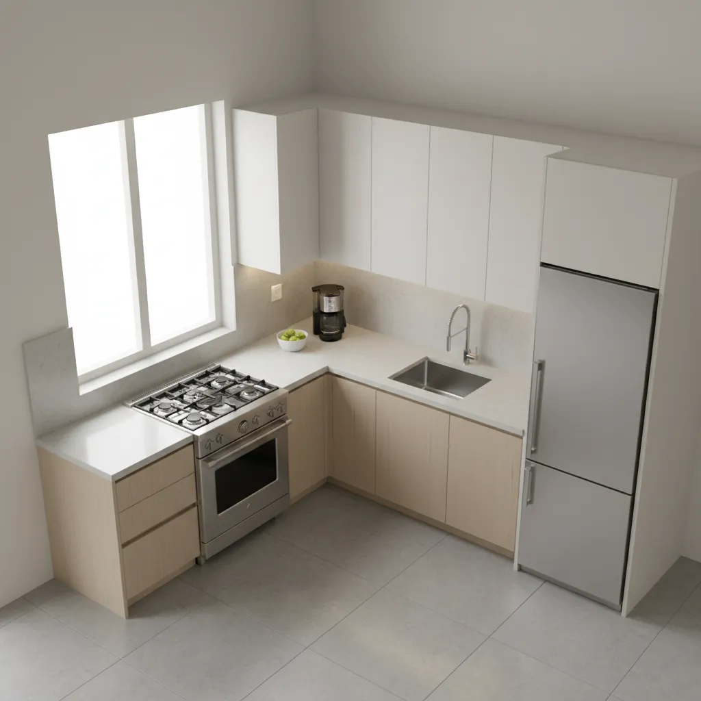 L-shaped small kitchen layout with sink stove and refrigerator arrangement