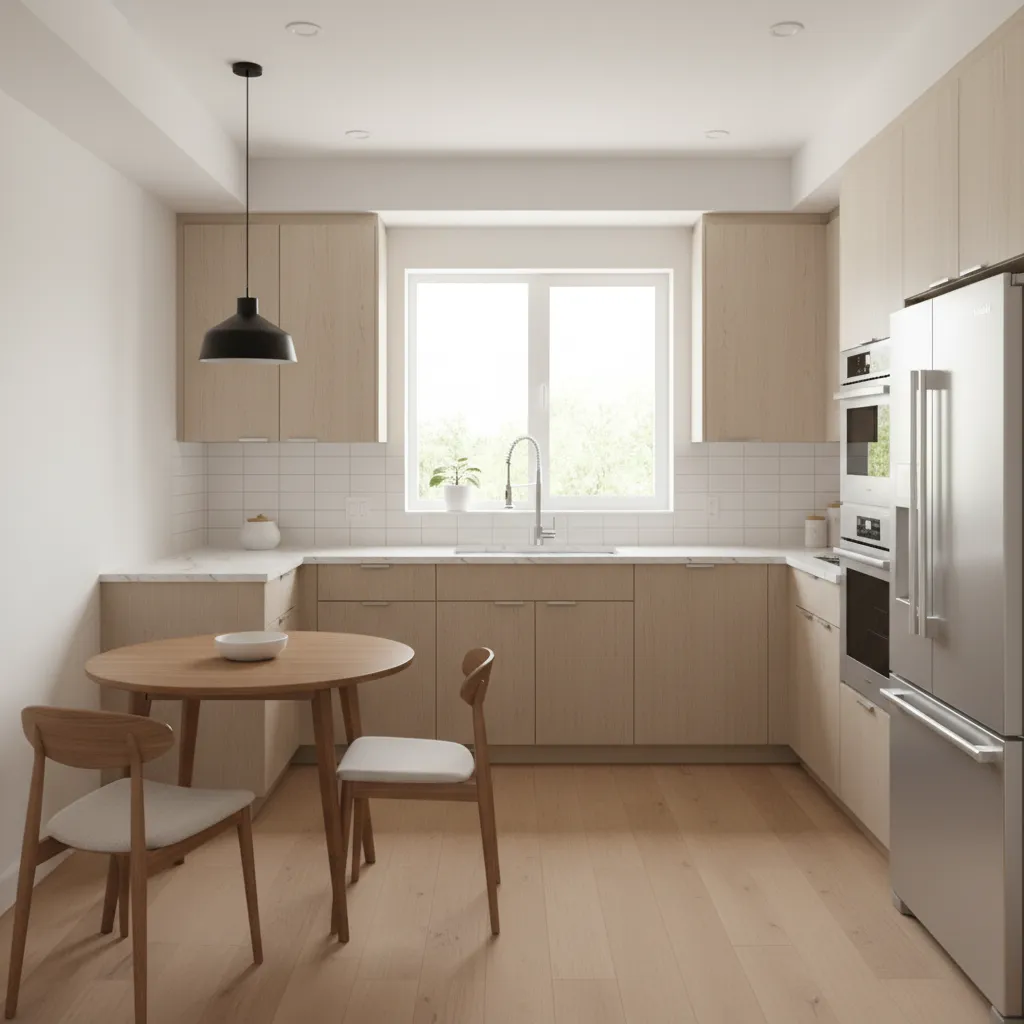 L shape layout in a 10x11 kitchen with sink under window and efficient workflow