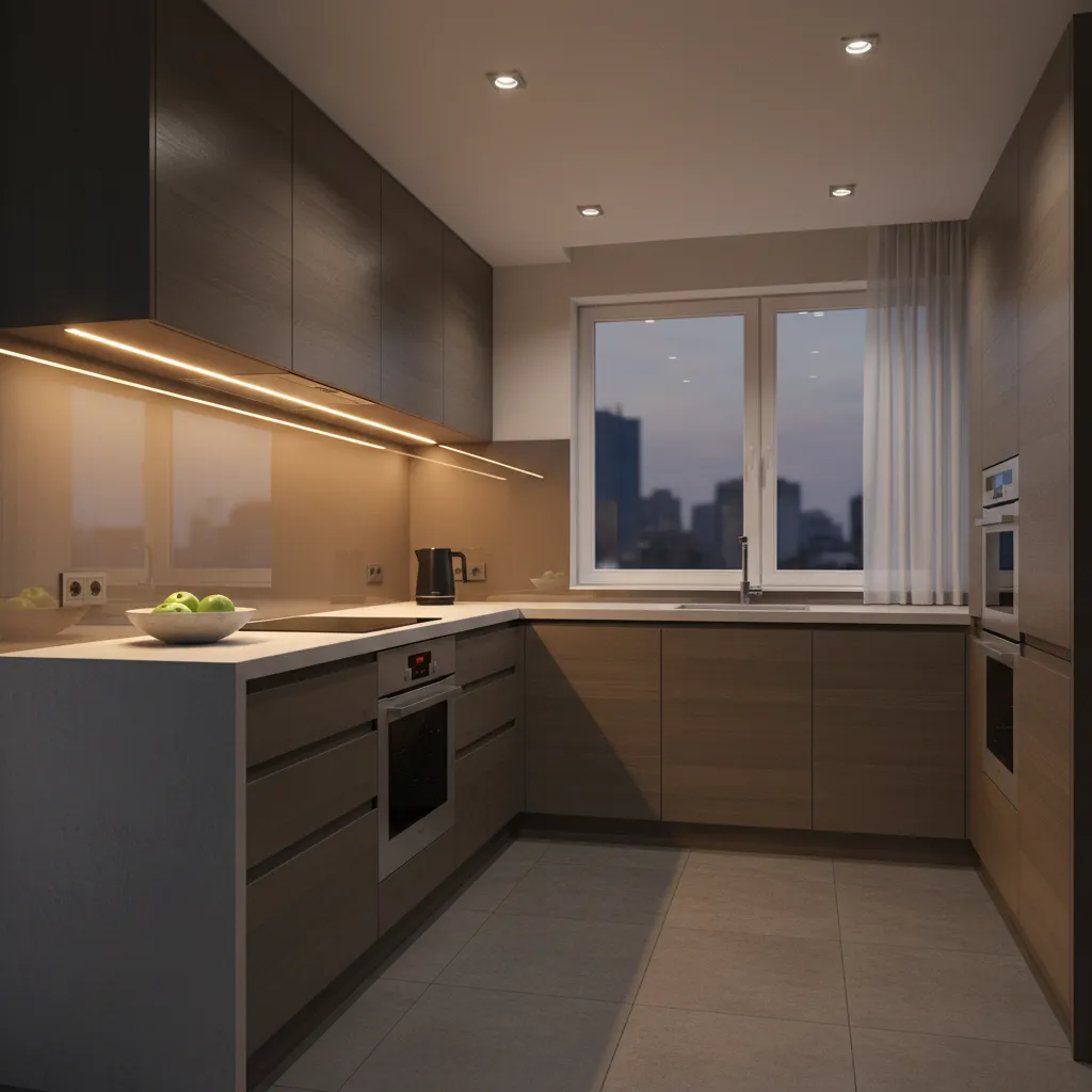 small kitchen with under cabinet lighting and layered lighting design