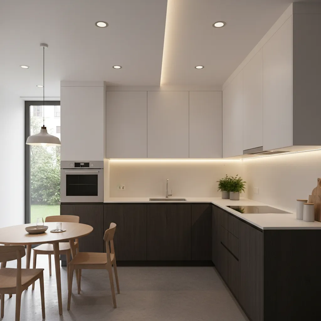 Small kitchen with layered lighting including under cabinet LEDs