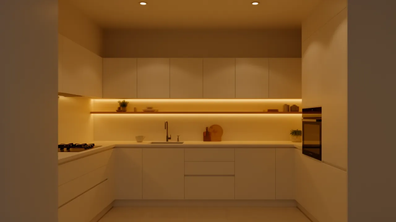 Small kitchen with under cabinet lighting and layered illumination