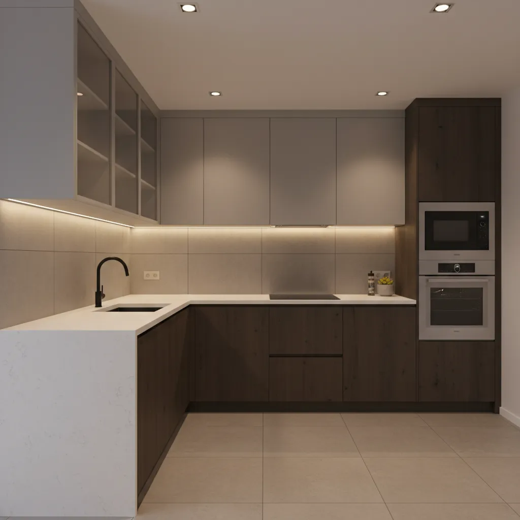 small kitchen with recessed ceiling lights and under cabinet lighting