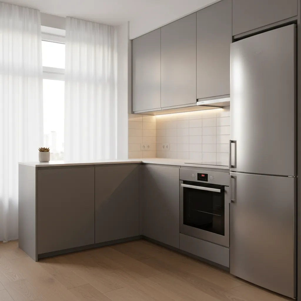 Cocina compacta en forma de L en apartamento pequeño