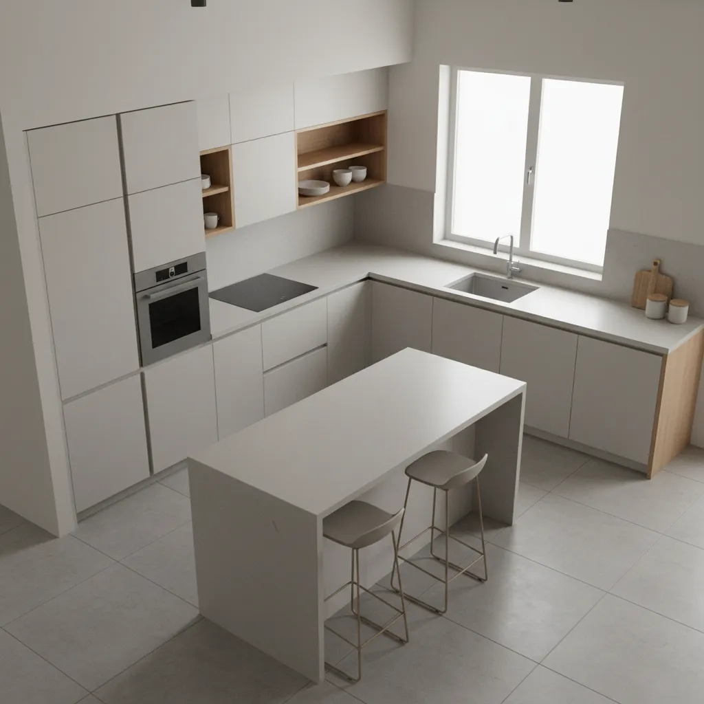 3d visualization of compact kitchen layout with oven placement
