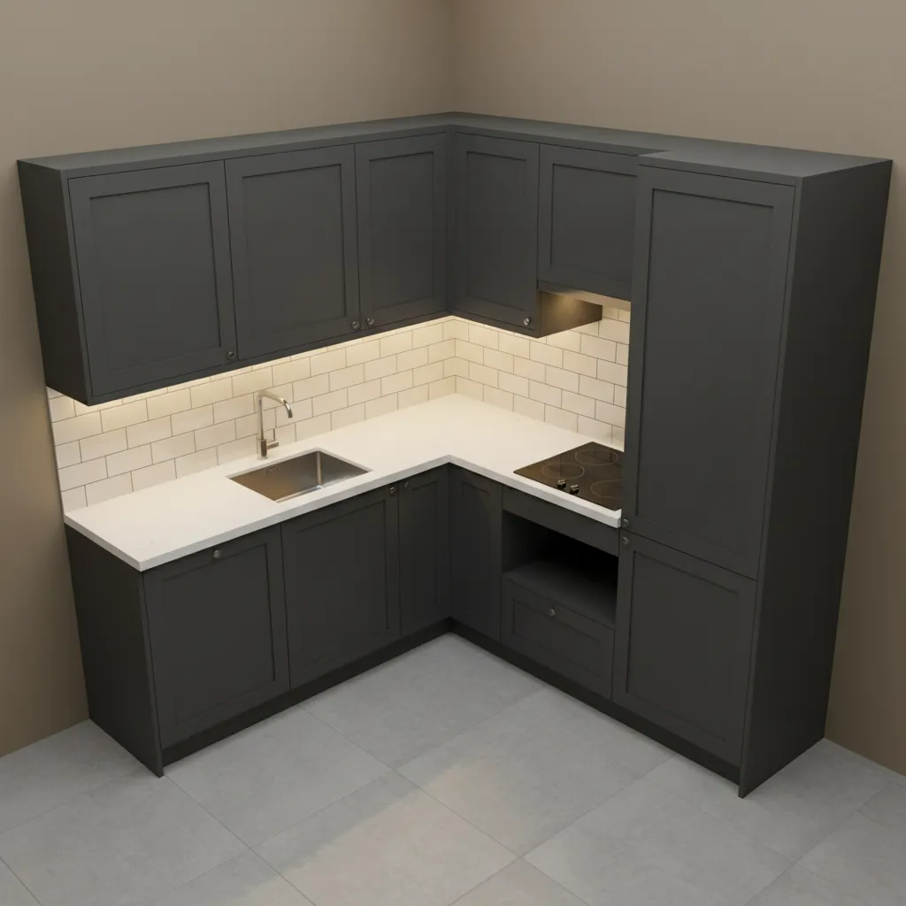 Compact kitchen layout with dark cabinets and light reflective walls