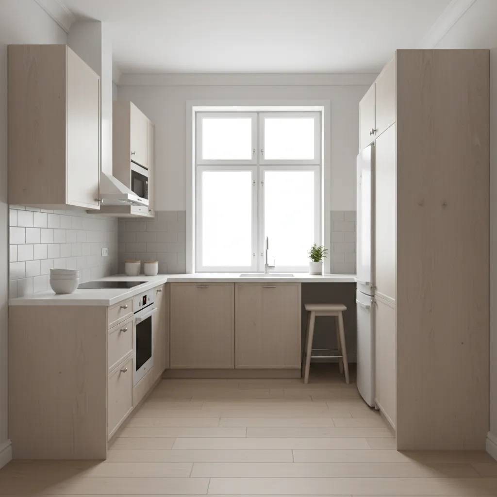 diseño 3D de una cocina pequeña con distribución optimizada