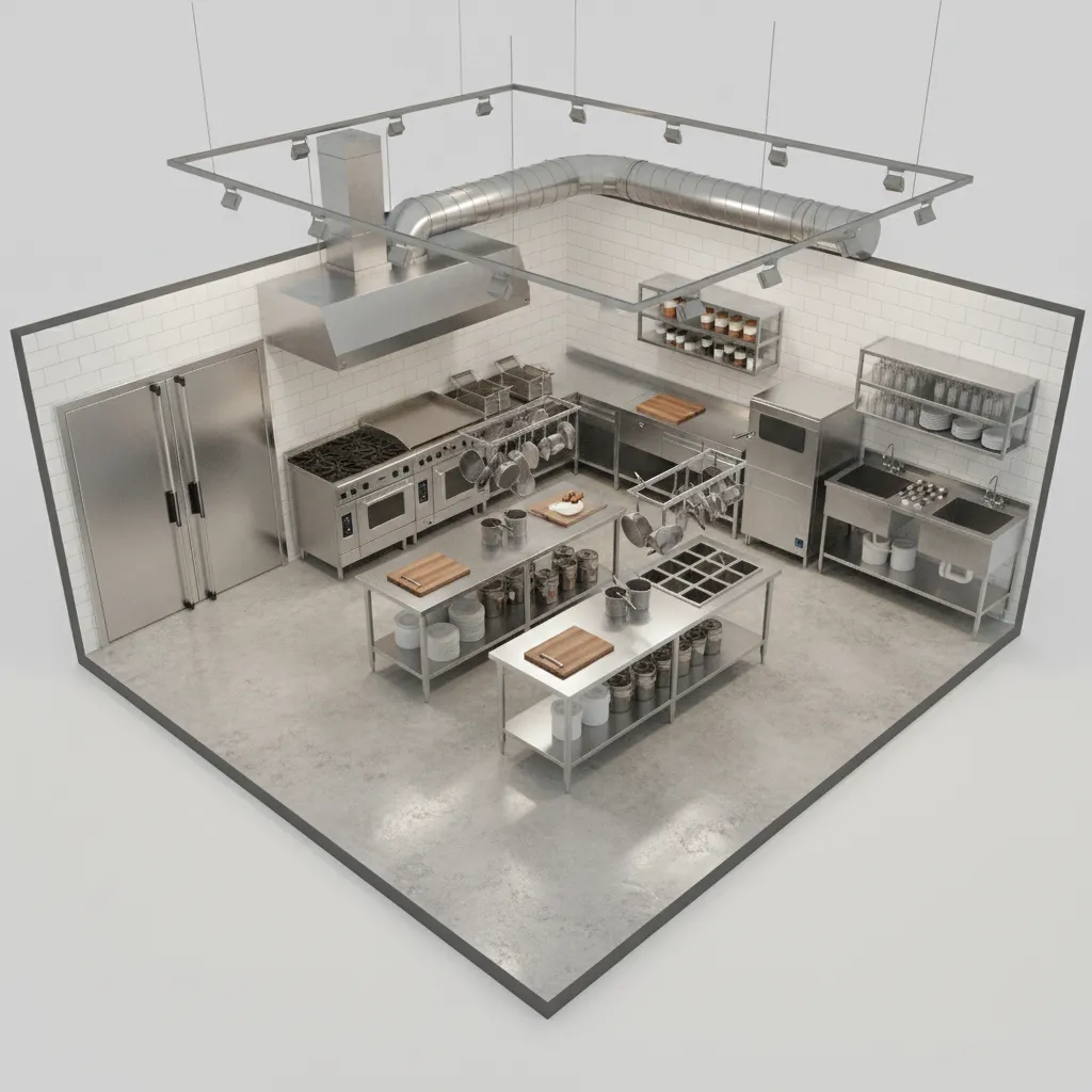 3D restaurant kitchen floor plan showing door integrated with equipment layout