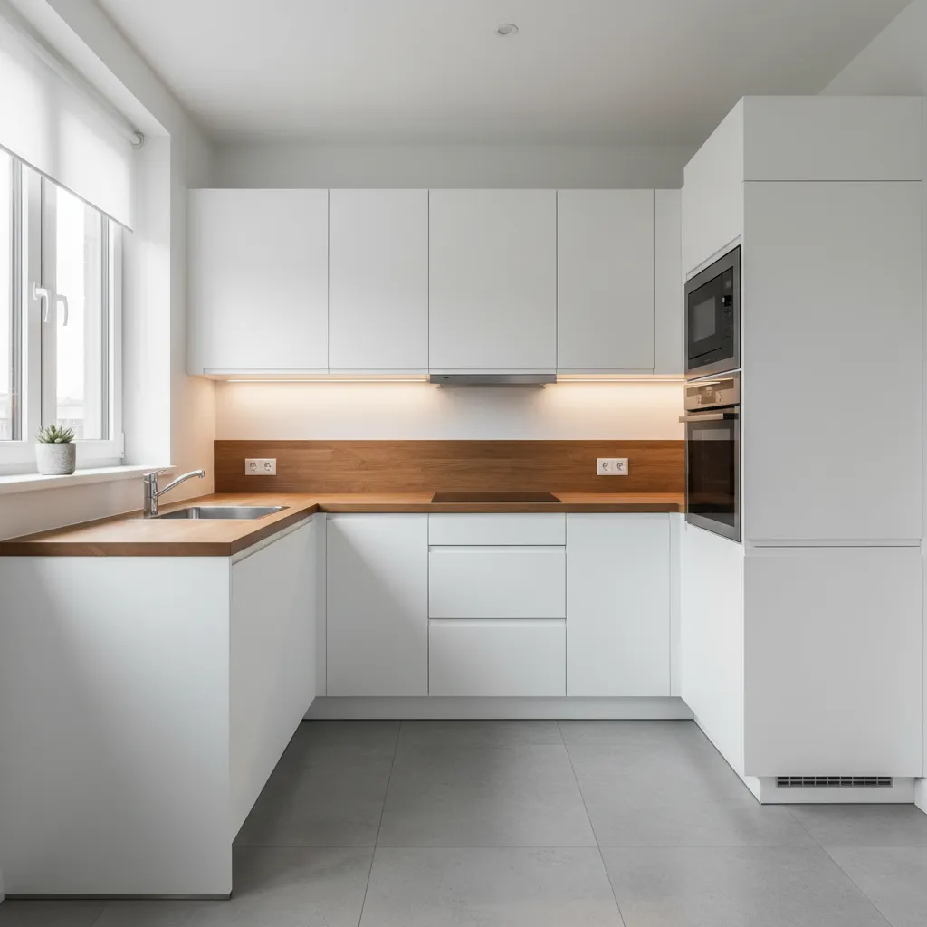 Distribución en L de una cocina pequeña con encimera continua