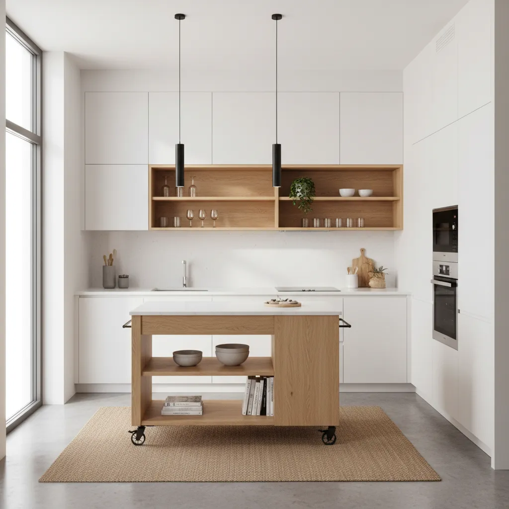 Small kitchen layout with clear pathways and improved spacing