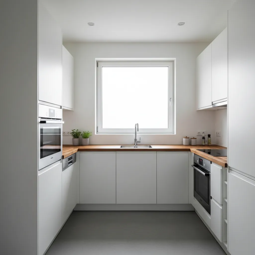 Modern white kitchen with wooden countertop window sink oven and clean minimalist cabinets for small spaces