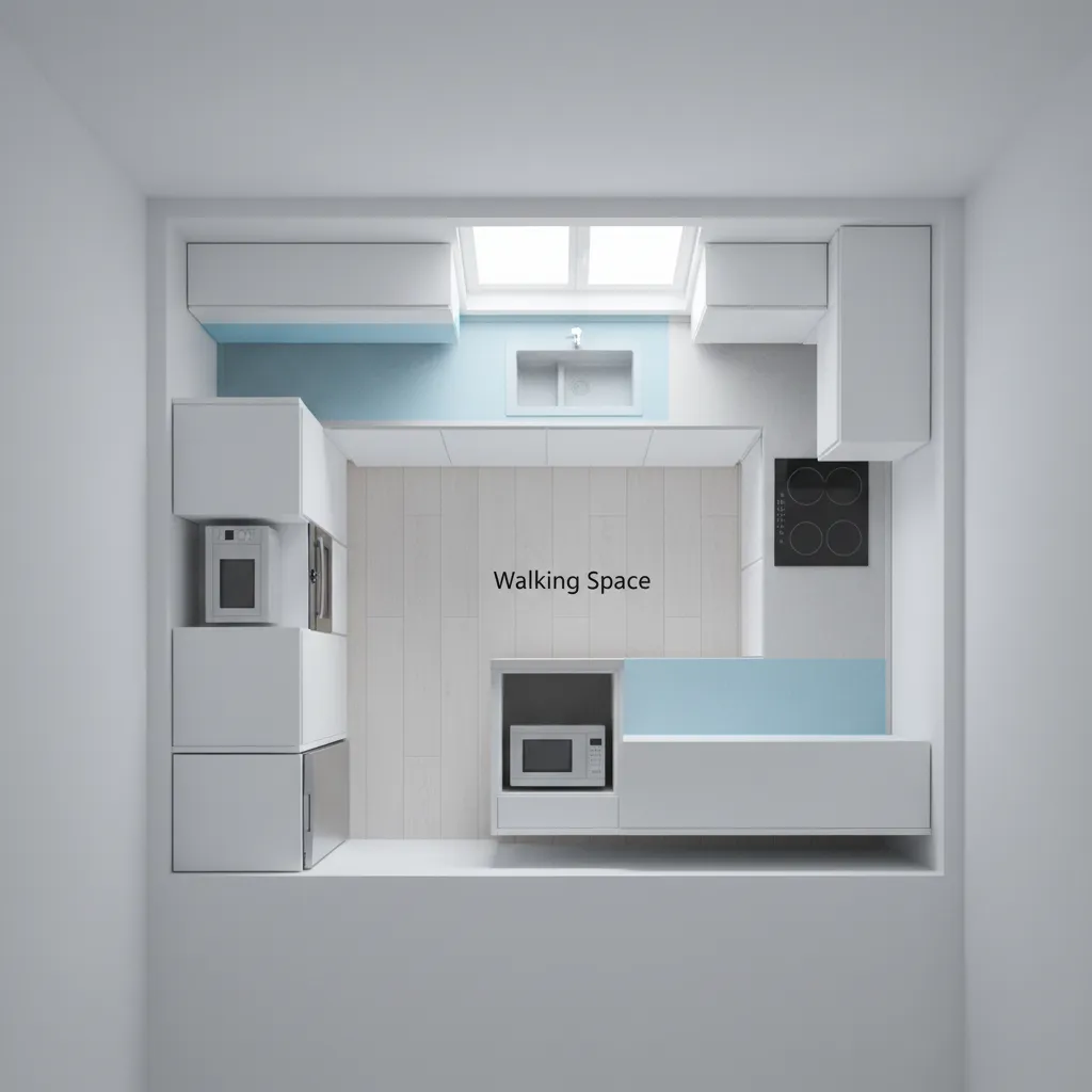 Small kitchen layout diagram showing microwave placement and movement space