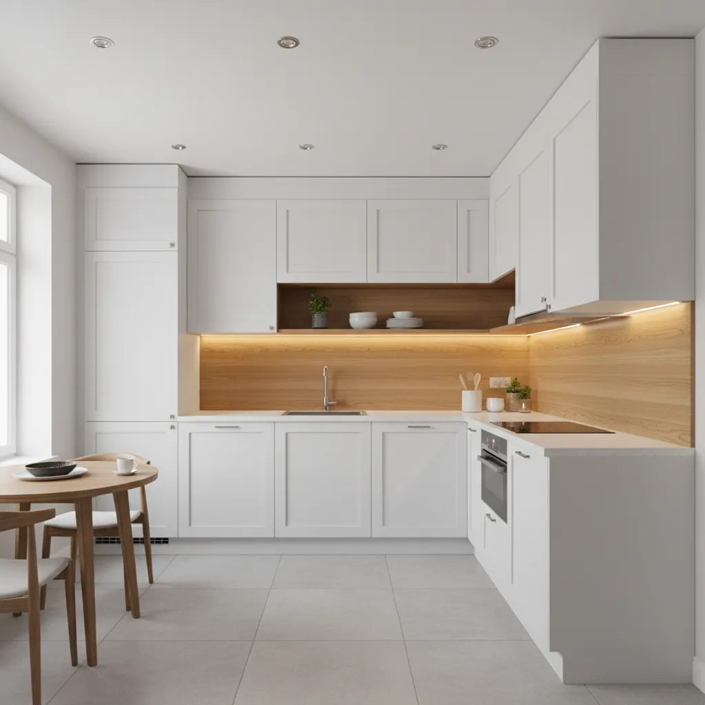Modern white kitchen with wooden backsplash, light gray floor, and small round wooden dining table