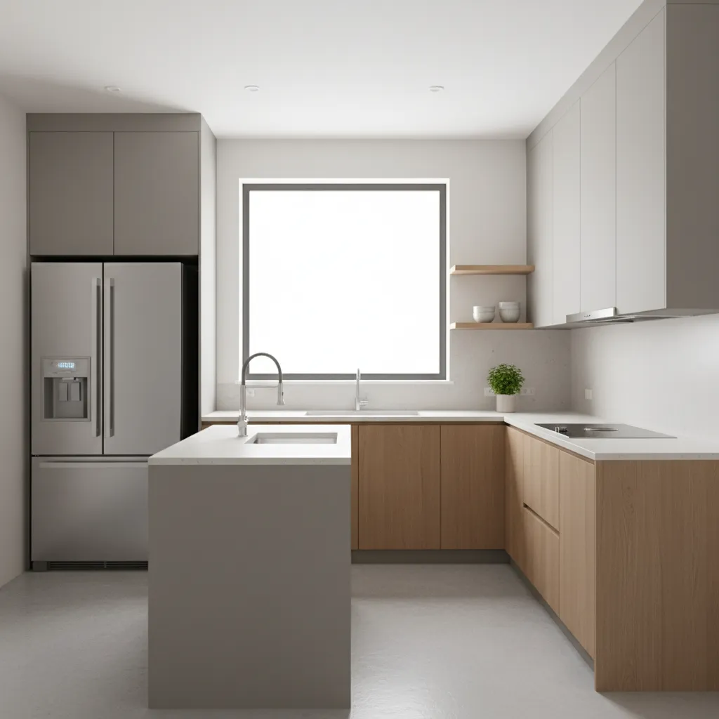 Optimized compact kitchen layout with efficient movement paths