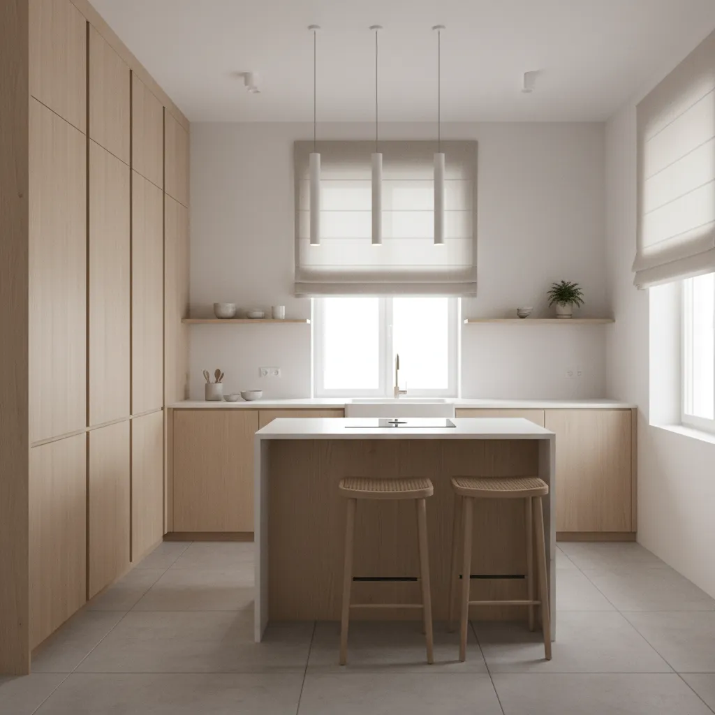Small kitchen layout showing optimized cabinet storage and compact island