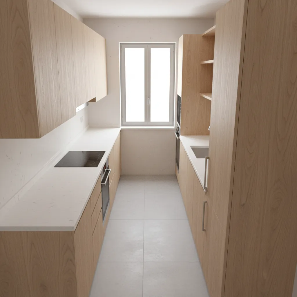 Compact kitchen layout showing optimized cabinet spacing and appliance placement