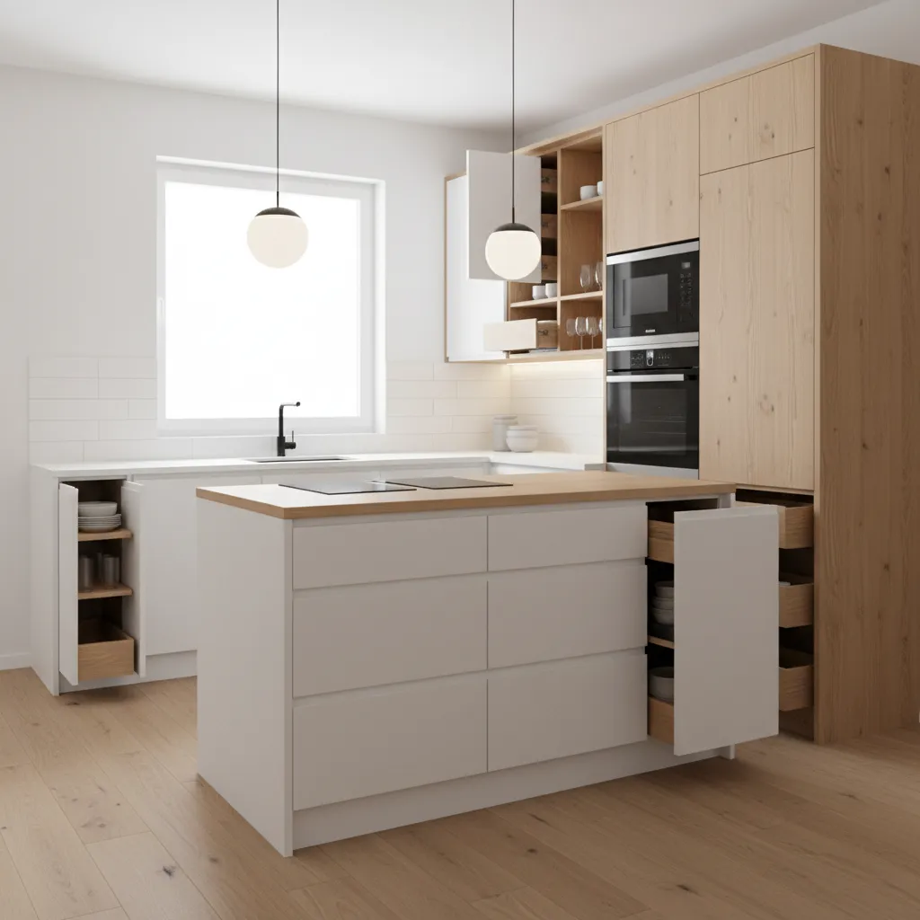compact kitchen layout with optimized storage and small island design