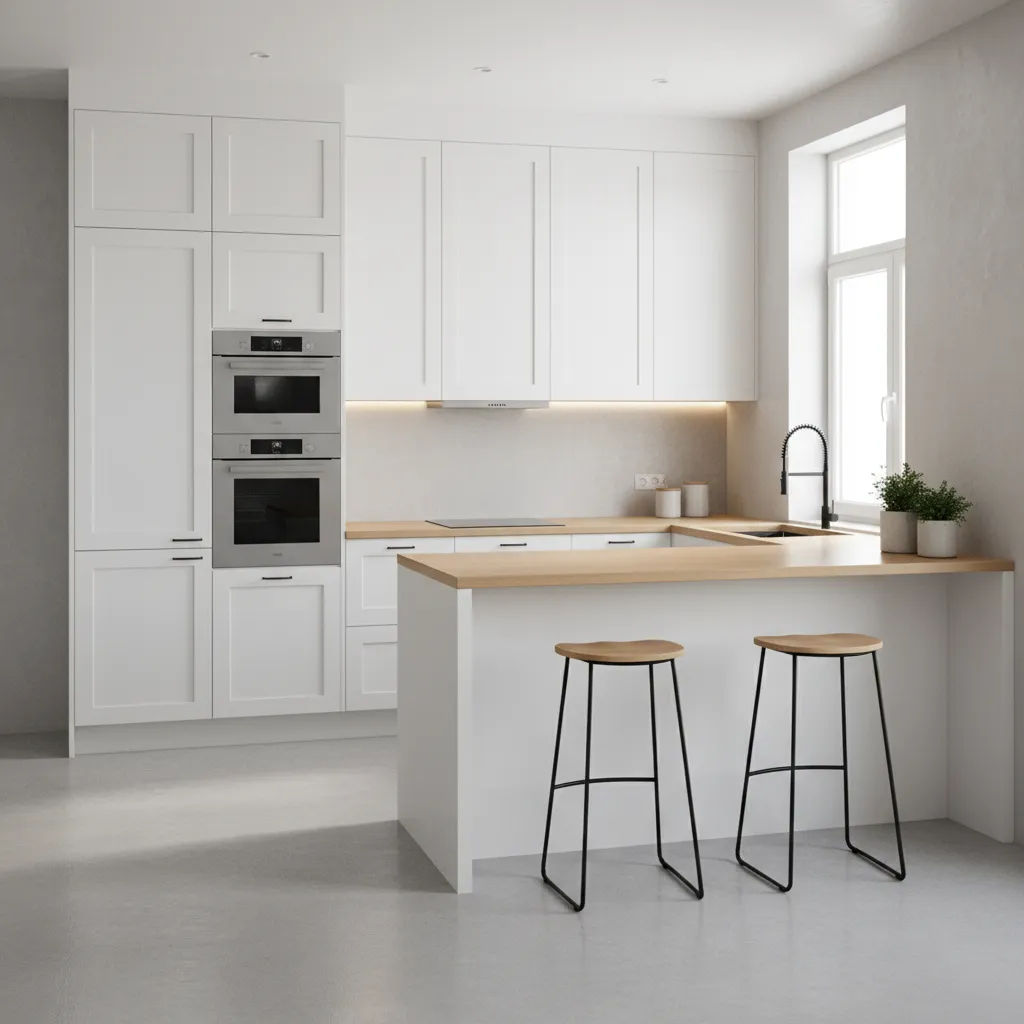 small kitchen layout designed efficiently with cabinets and compact island