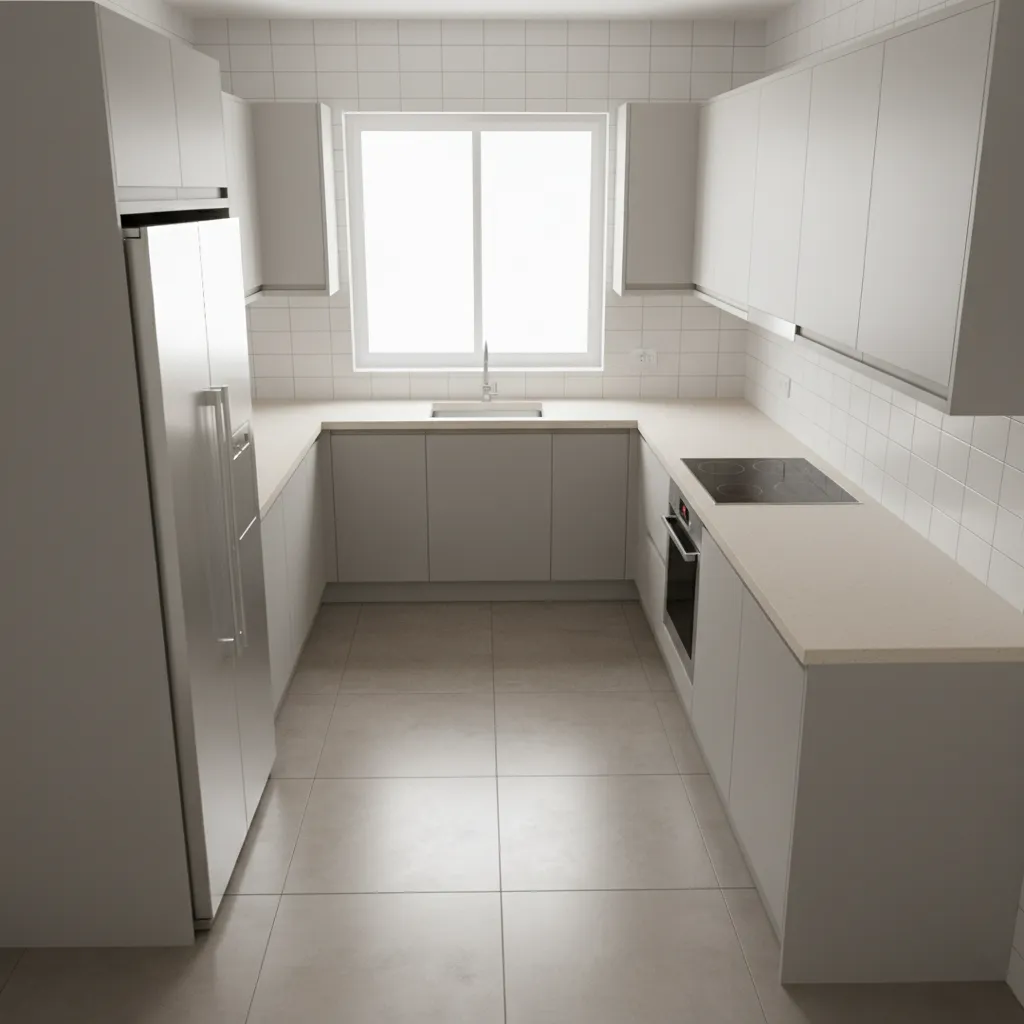 Small kitchen layout with cabinets appliances and countertop arrangement