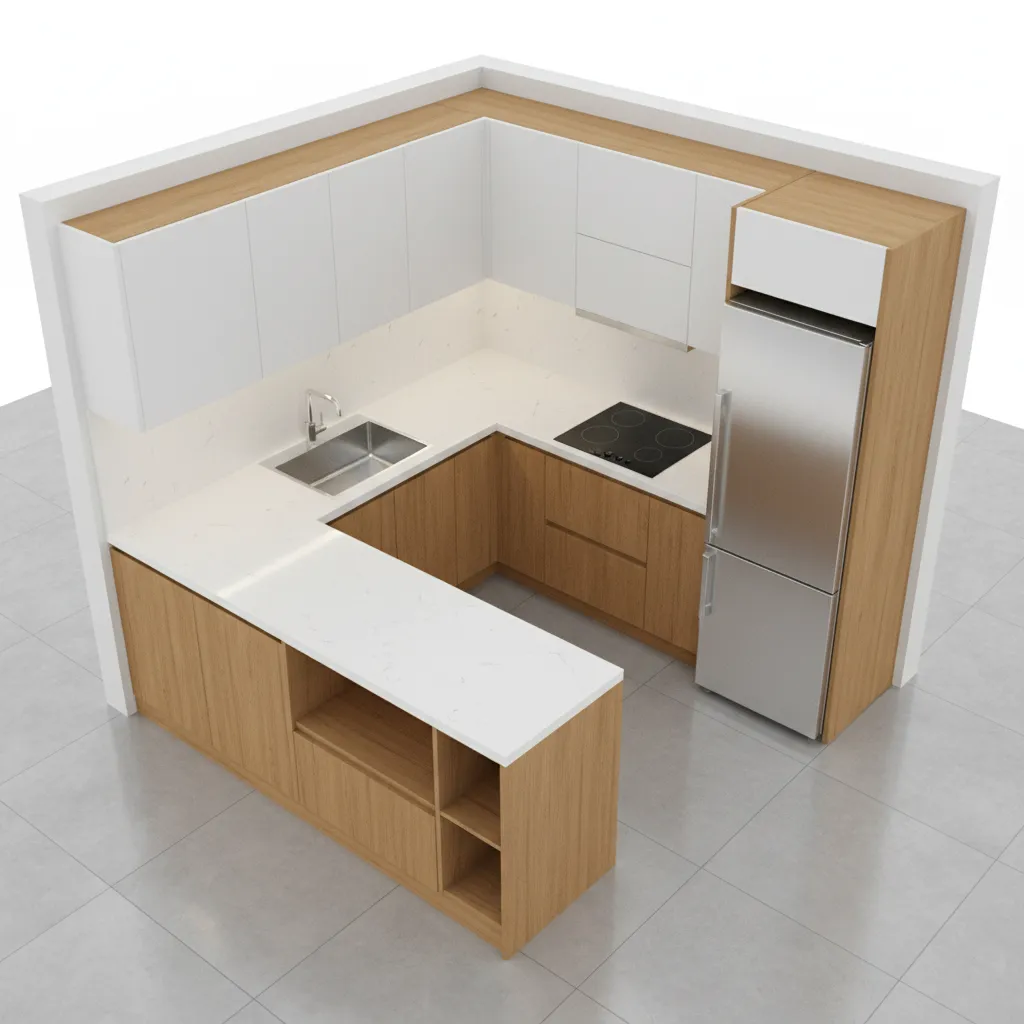 3d layout visualization of a compact kitchen plan