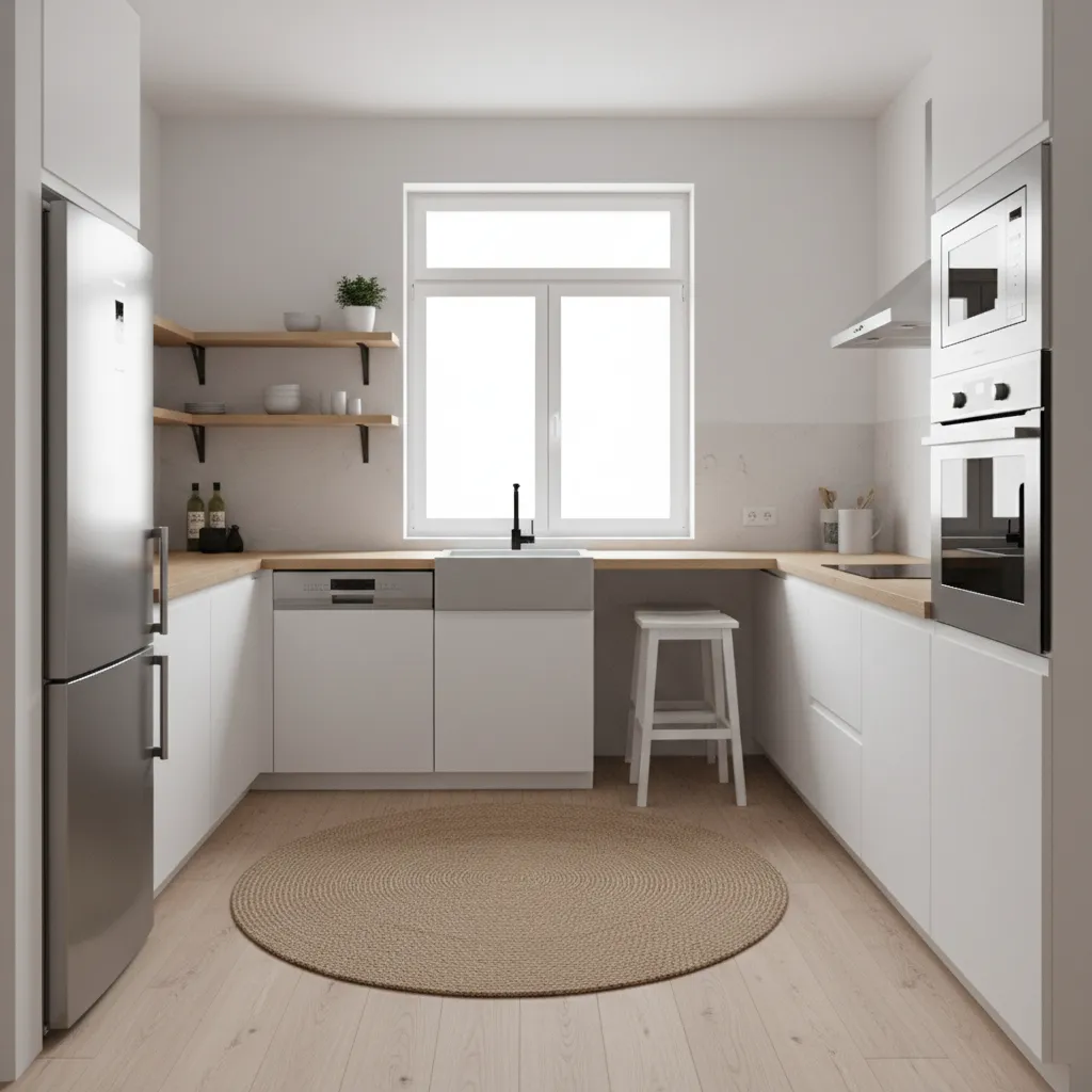 small kitchen layout preview in design software showing cabinets and appliances