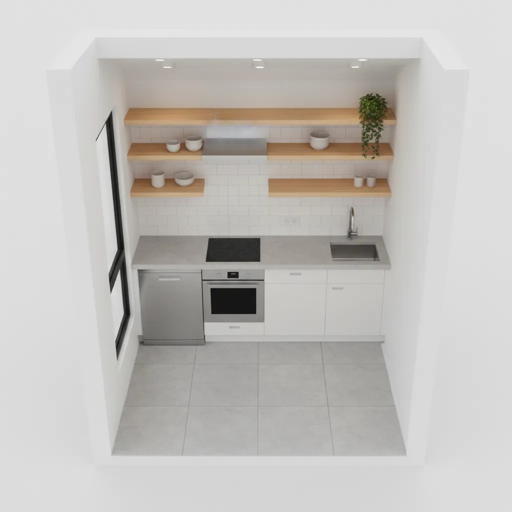 3d visualization of a small kitchen layout with open shelves
