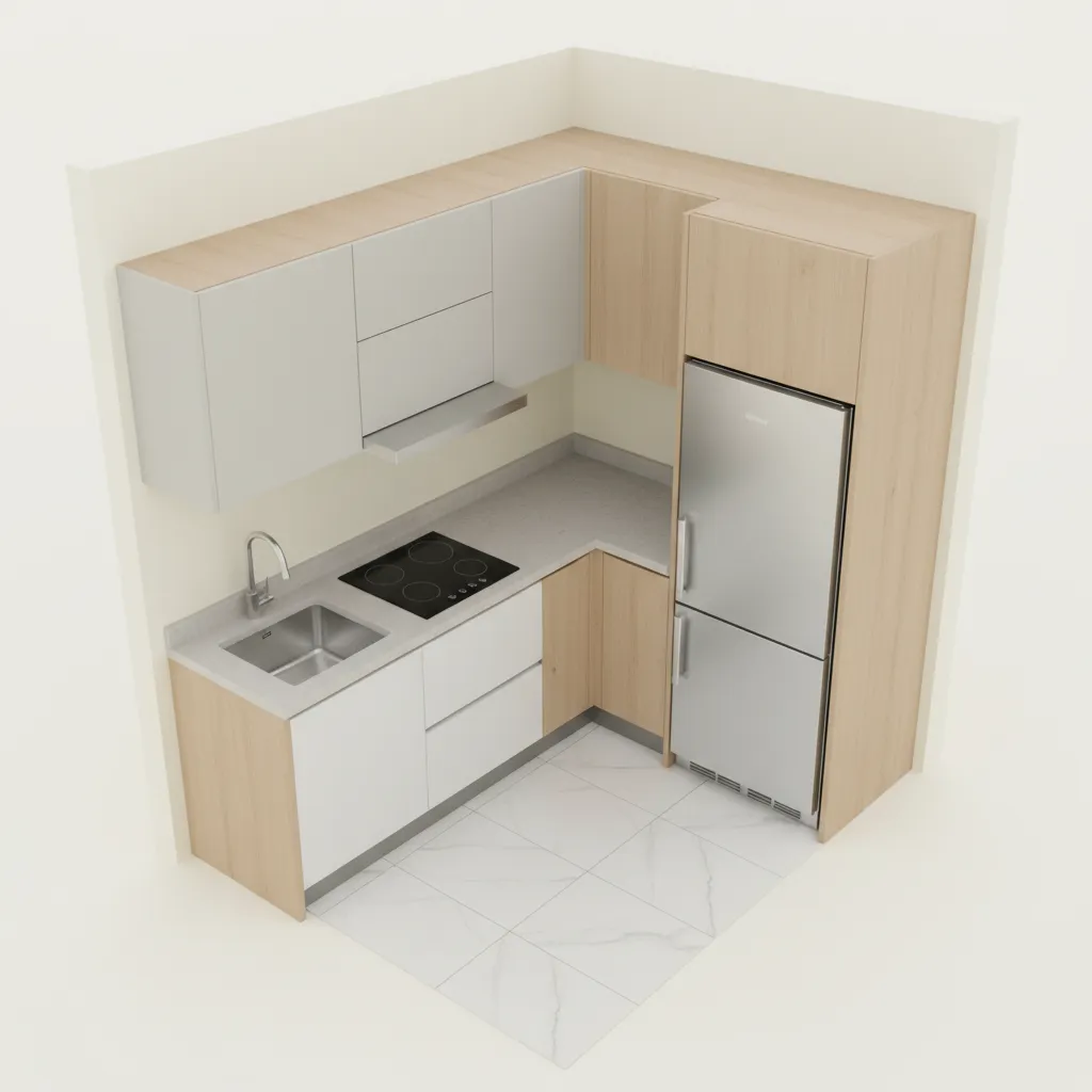 Small L shaped kitchen interior design drawing with wood cabinets fridge sink cooktop and tiles