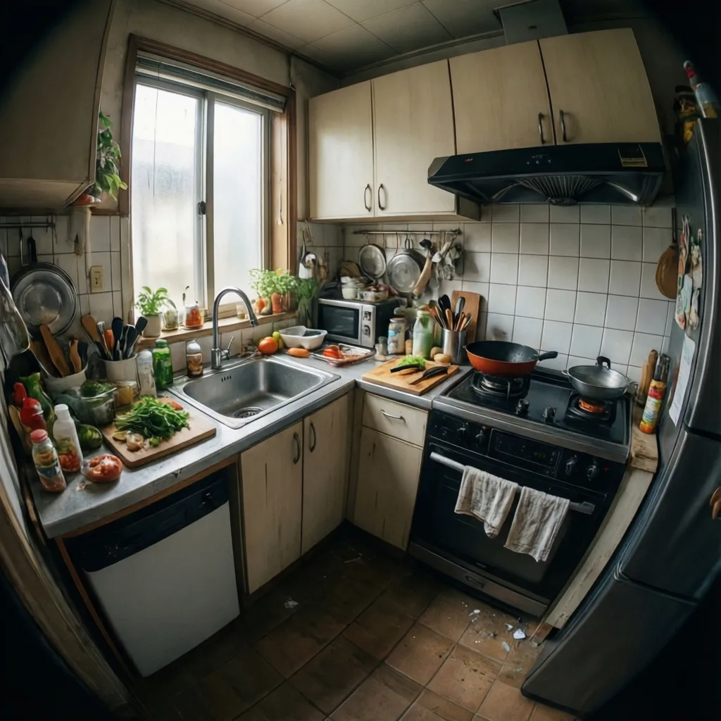 Small kitchen workflow layout showing sink prep and stove zones