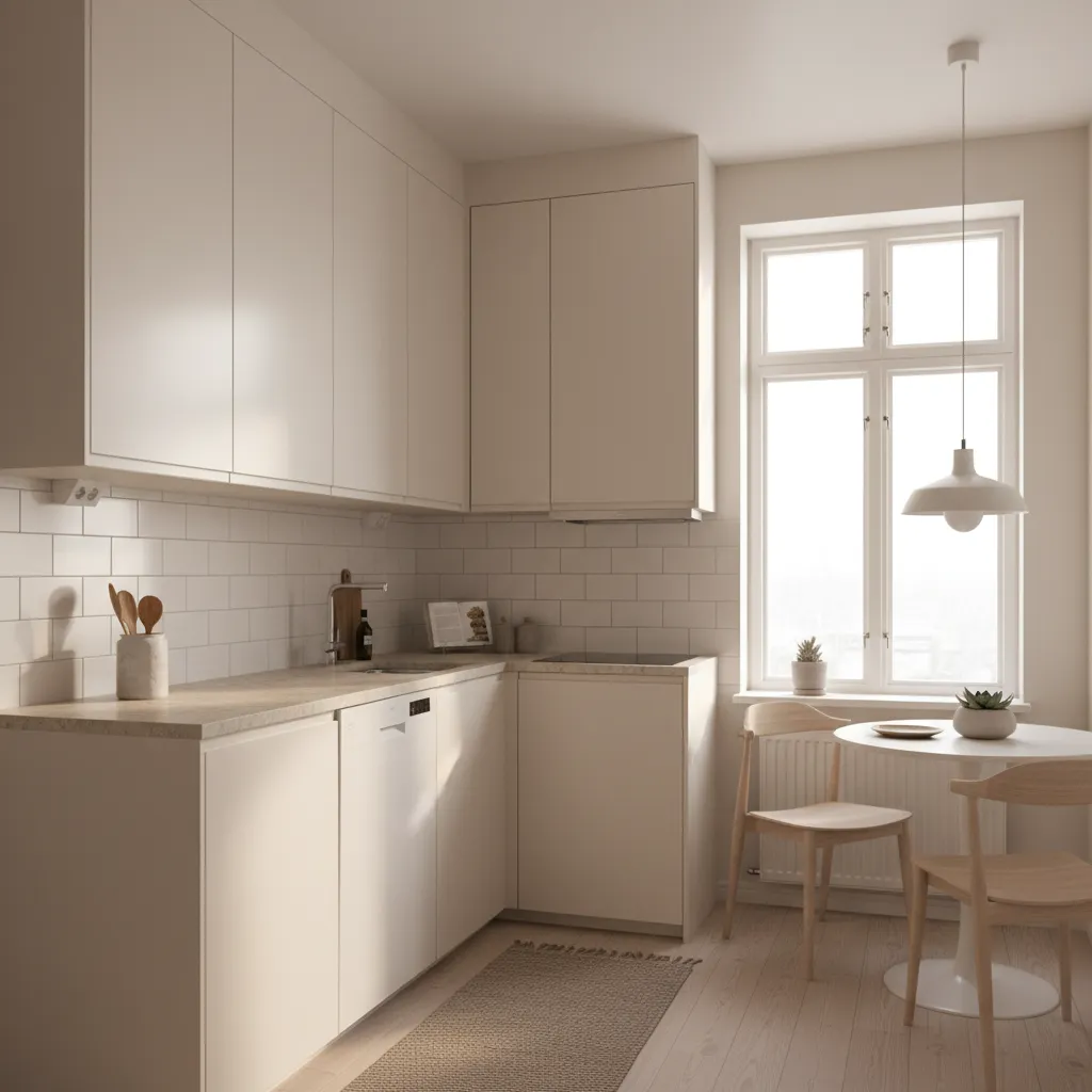 Small kitchen with warm white cabinets and natural light