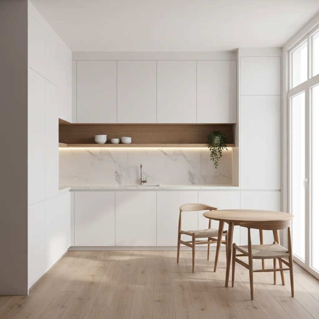 Modern white kitchen with marble wall wooden shelf round table two chairs and large windows