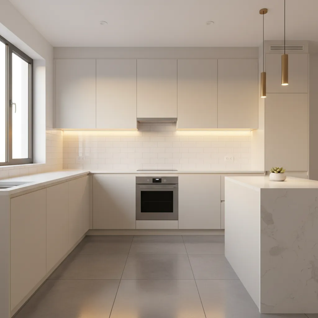 Small kitchen with light color cabinets and reflective backsplash