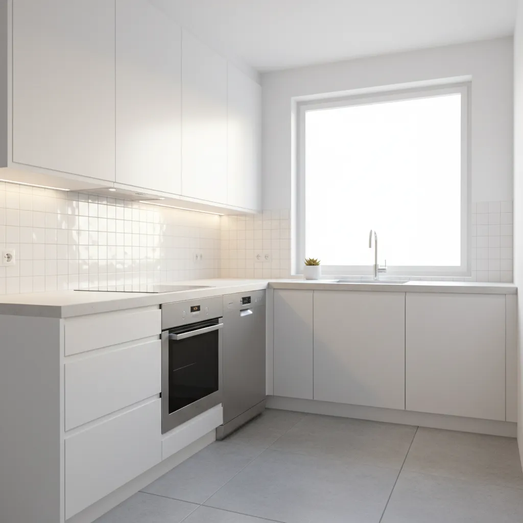 Light colored tiny kitchen with reflective backsplash and under cabinet lighting