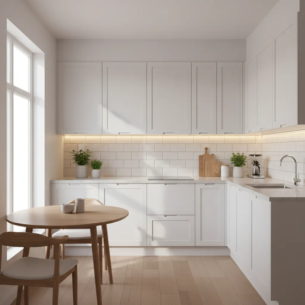 Small kitchen using light colors and reflective surfaces