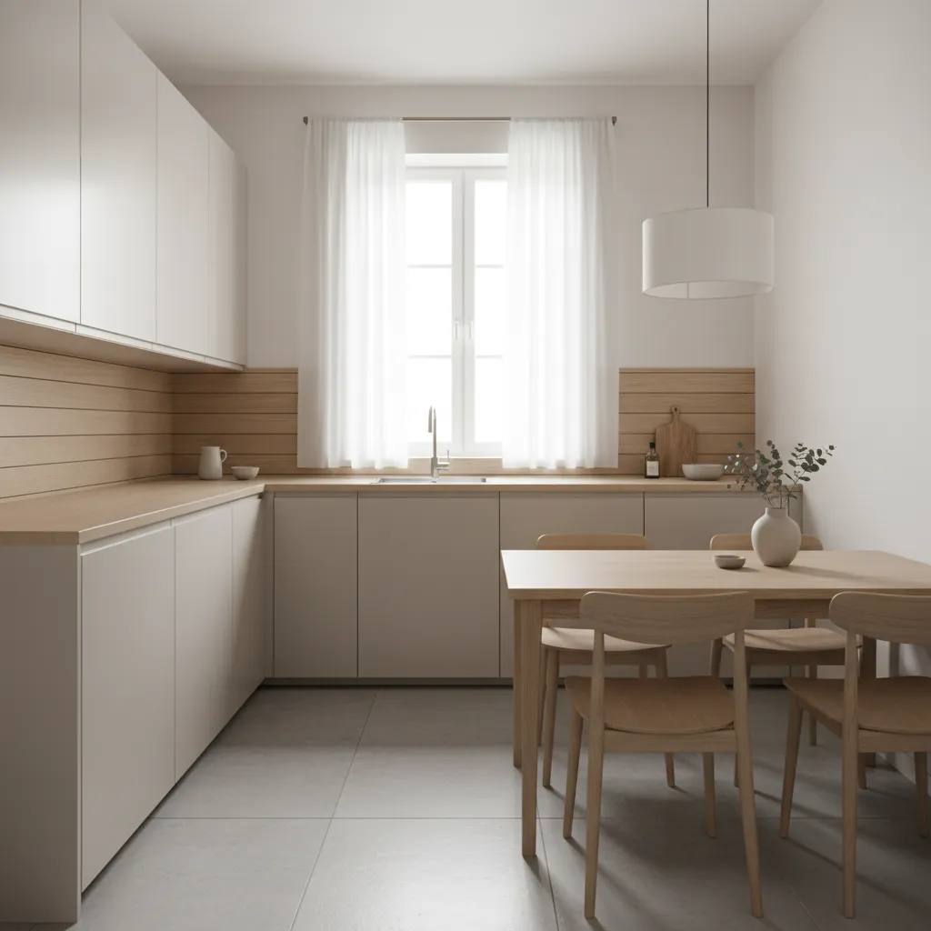 Minimalist kitchen with beige cabinets, wood wall panels, wooden dining table, white curtains, ceiling light