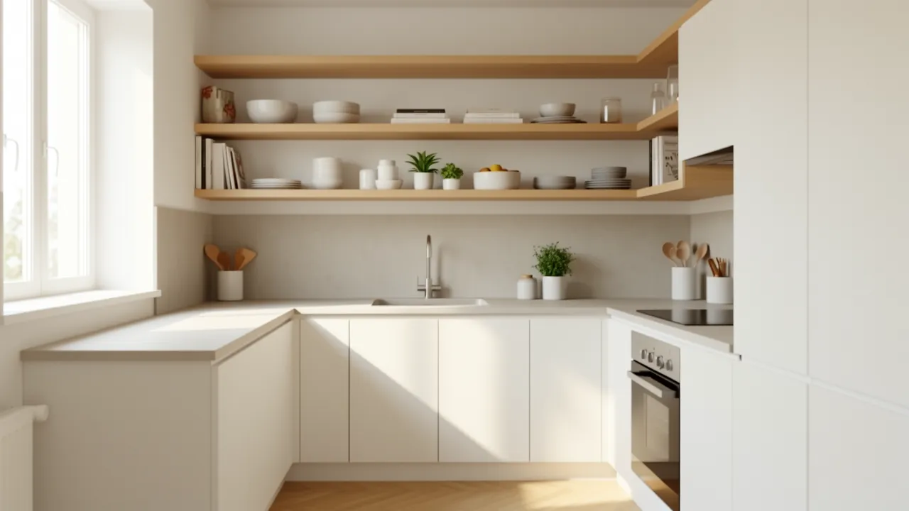 Light colored small kitchen with white cabinets and wood accents