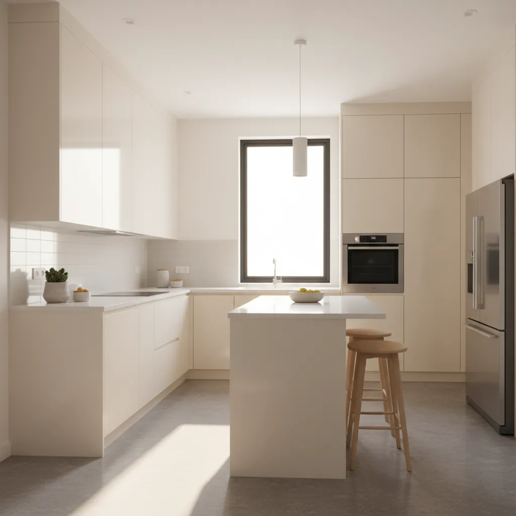 bright small kitchen using light colors to create spacious feeling