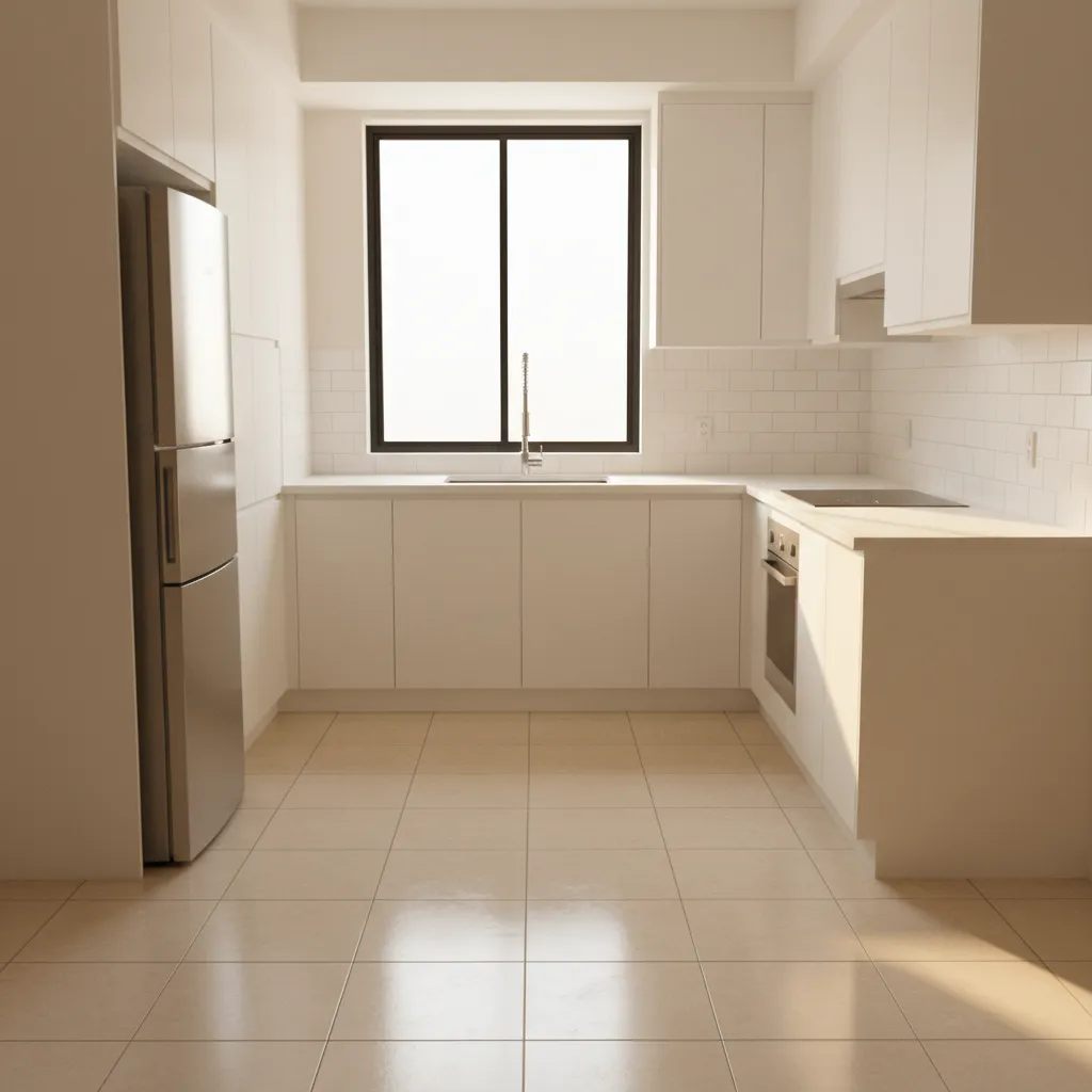 Small kitchen interior with bright neutral flooring reflecting natural light