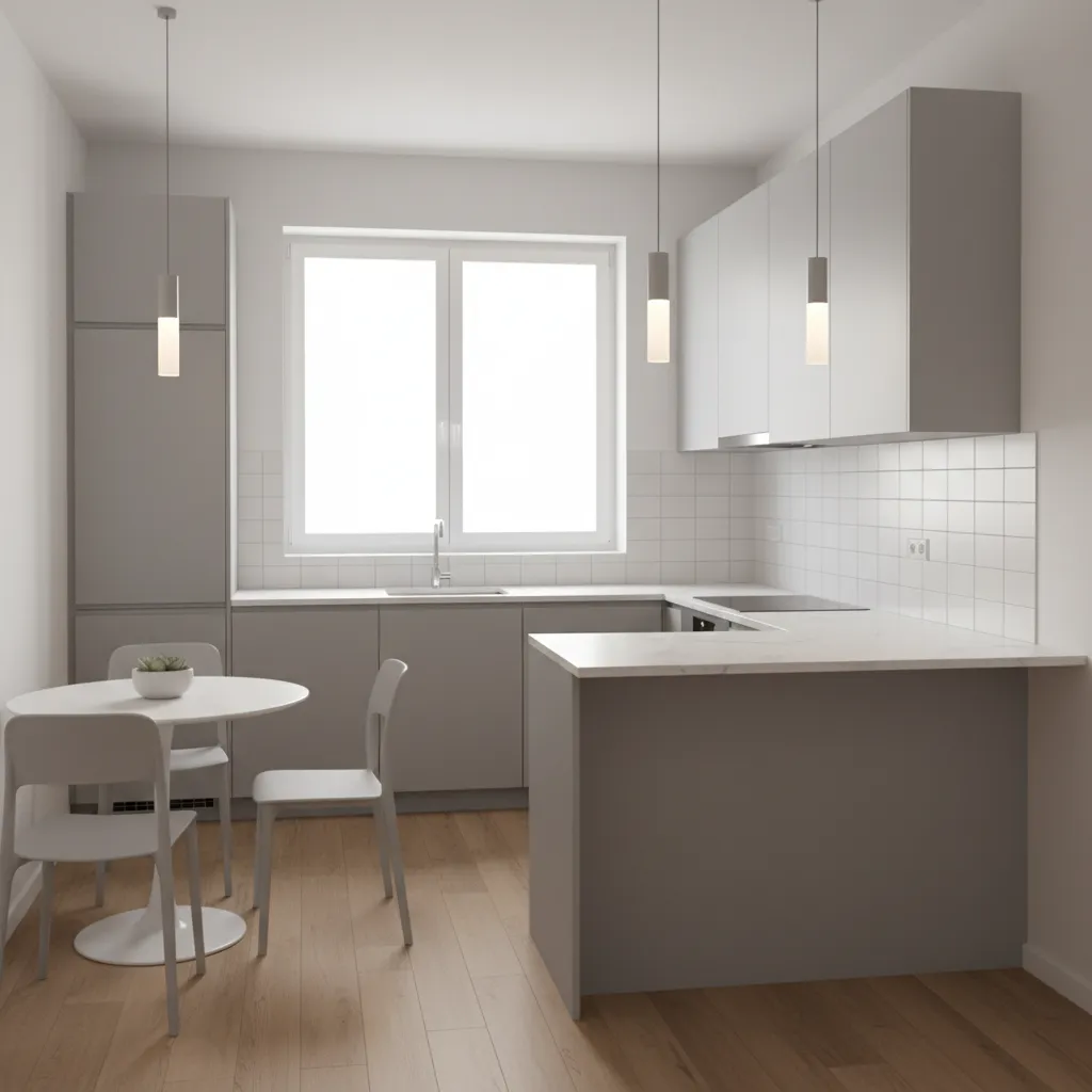 Small kitchen with soft gray cabinets and efficient layout