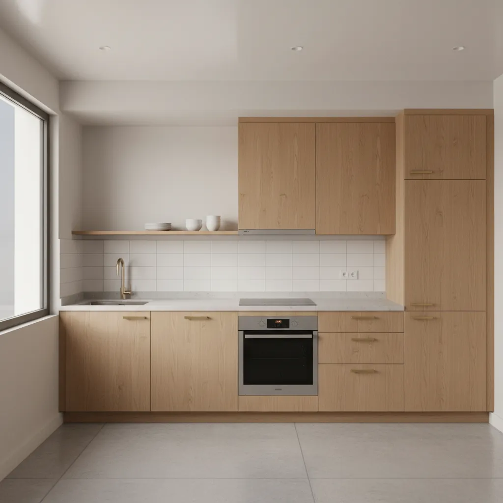 compact kitchen with soft white ceiling and warm neutral palette