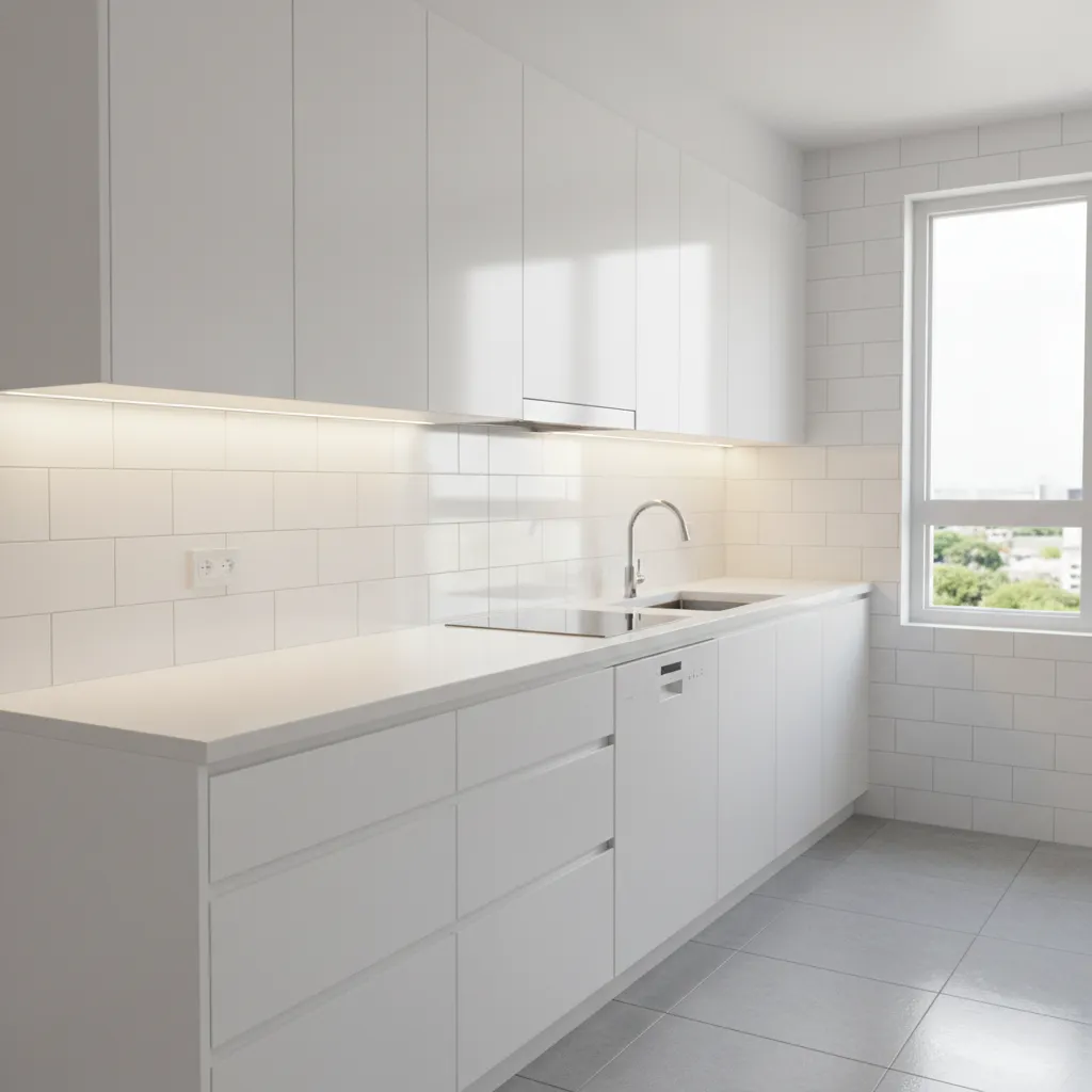 Small kitchen with glossy backsplash and light quartz countertop reflecting light