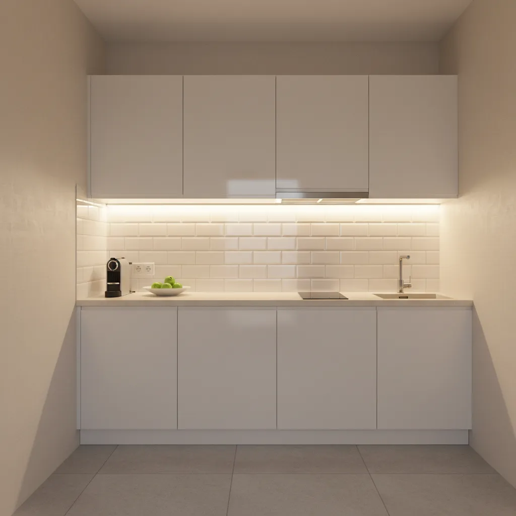 Small kitchen with reflective light-colored wallpaper and bright cabinets