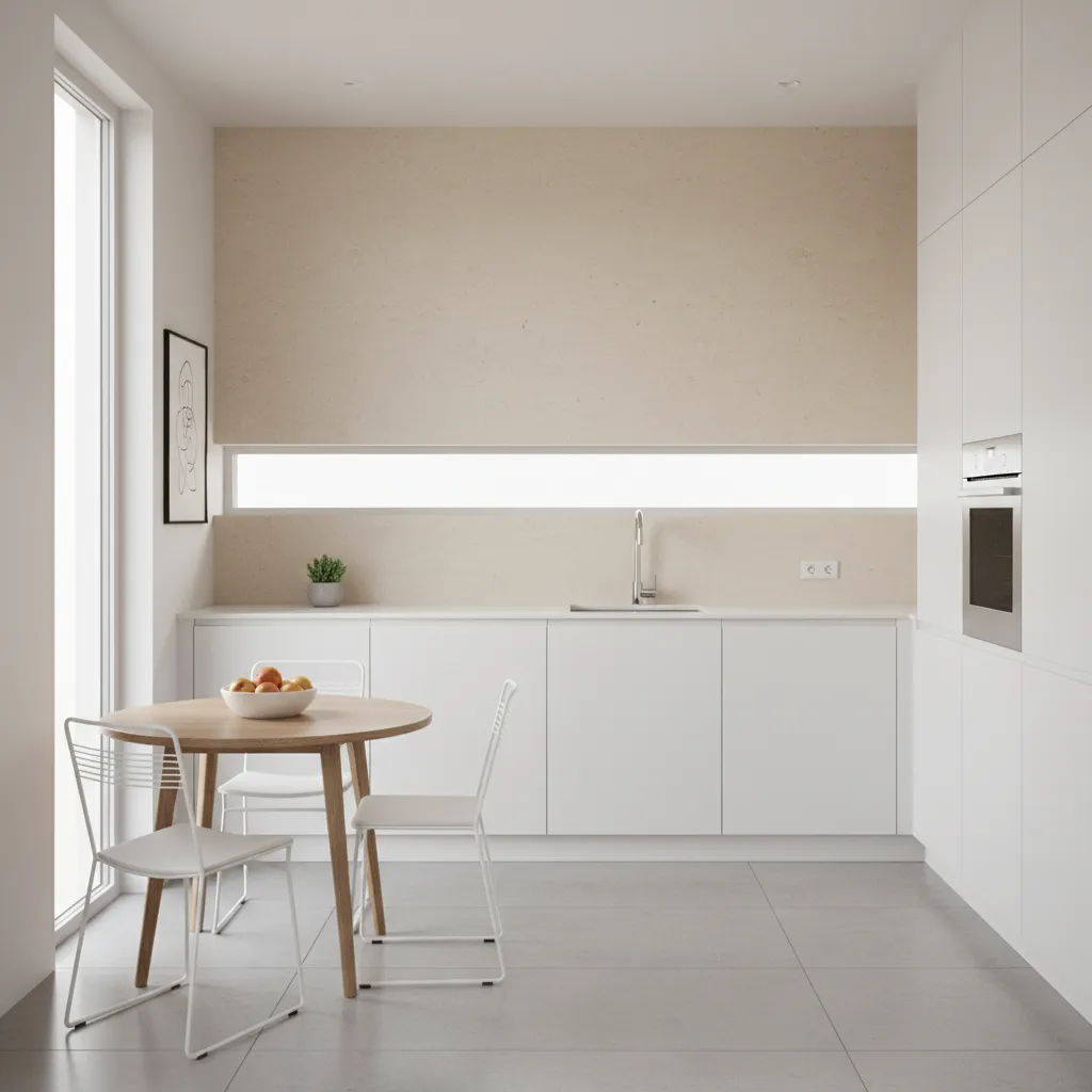 small kitchen with light colored stone backsplash and natural lighting