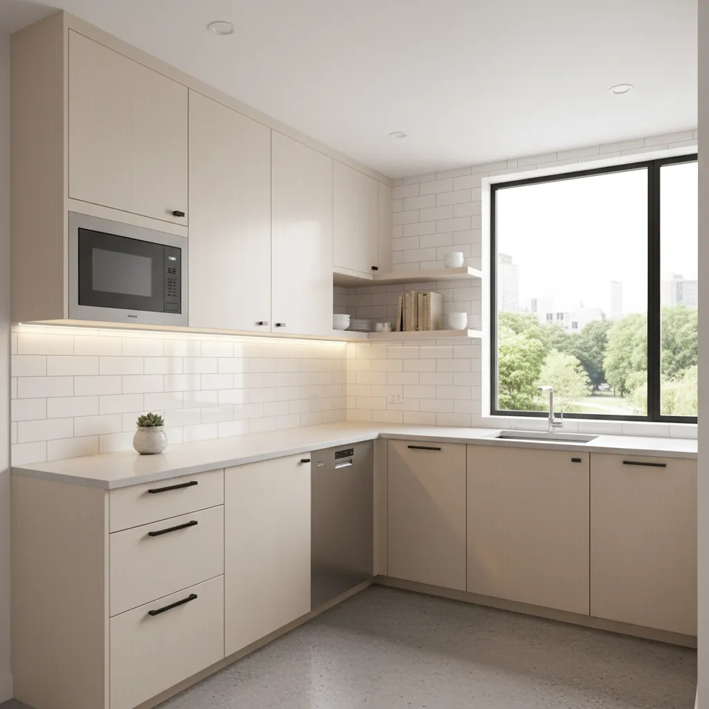 small kitchen with bright lighting and modern backsplash upgrade